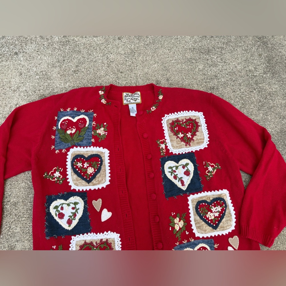 Vintage Heirloom Collectables Sweater Cardigan Red Valentine Hearts XL - Picture 2 of 5